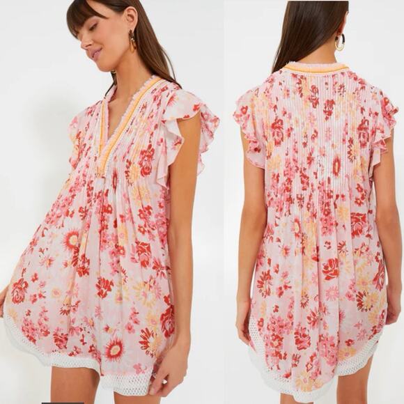 Poupette St Barth Dresses & Skirts - Poupette St Barth Sasha Lace Trimmed Mini Dress 90s Pink Floral V Neck Sz S Boho